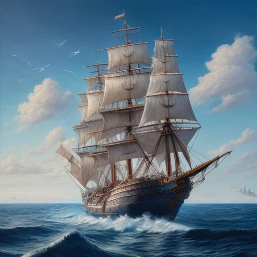 higly detailed majestic royal tall ship on a calm sea realistic painting by Charles Gregory and Antonio Jacobsen